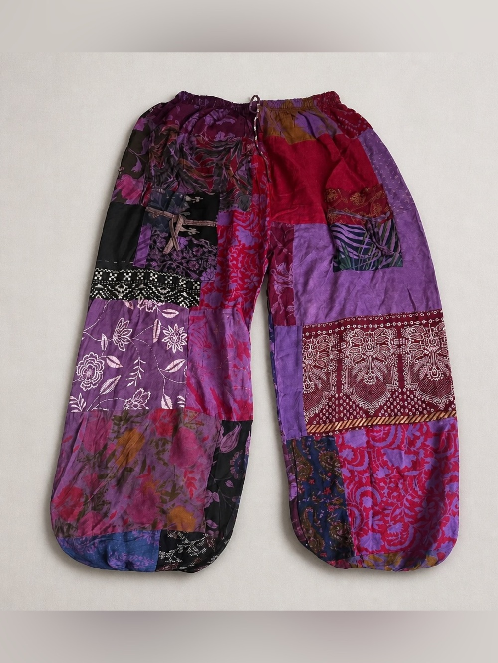 Bohemian Patchwork Wide-Leg Pants in Purple & Magenta